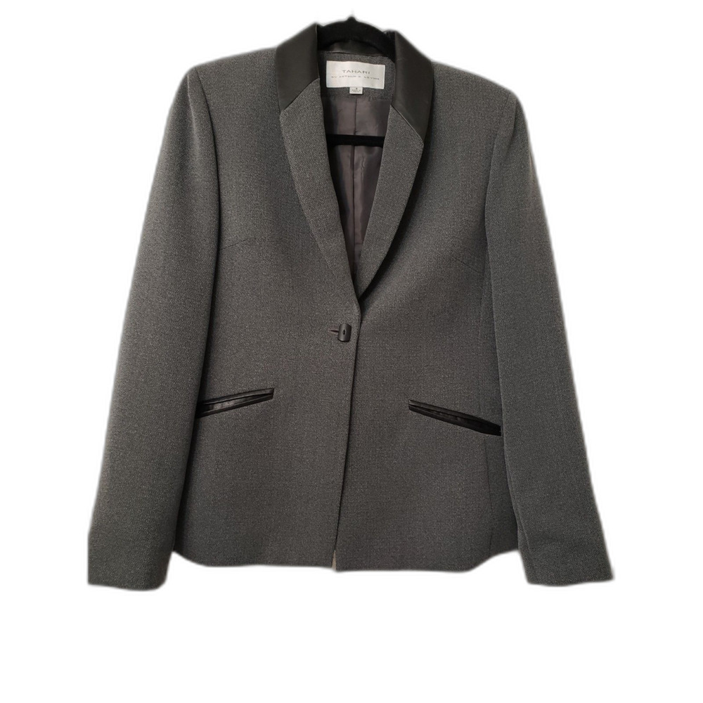 Tahari By Arthur S. Levine Womens Blazer Size 6 Gray With Black Trim Work Career